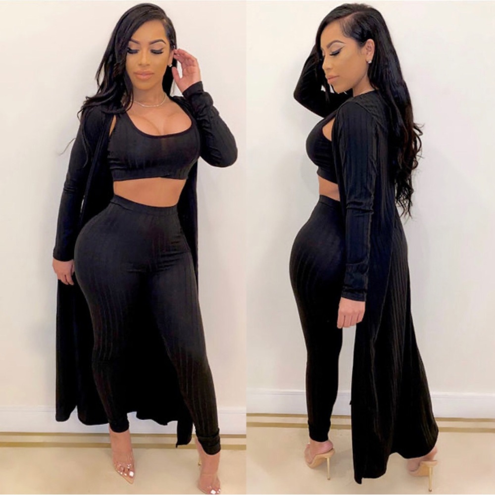Black 3 Piece Rib Casual Set